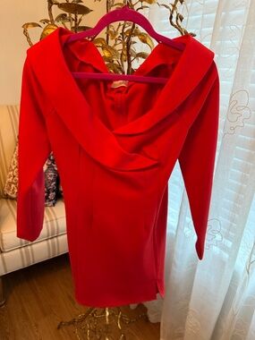 Astr Red Long-Sleeve Draped Collar Dress